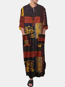 Men's Casual Elephant Print Long Sleeve Robe, Southeast Asia Style, Ethnic Pattern, New Arrival, Dubai Clothing
