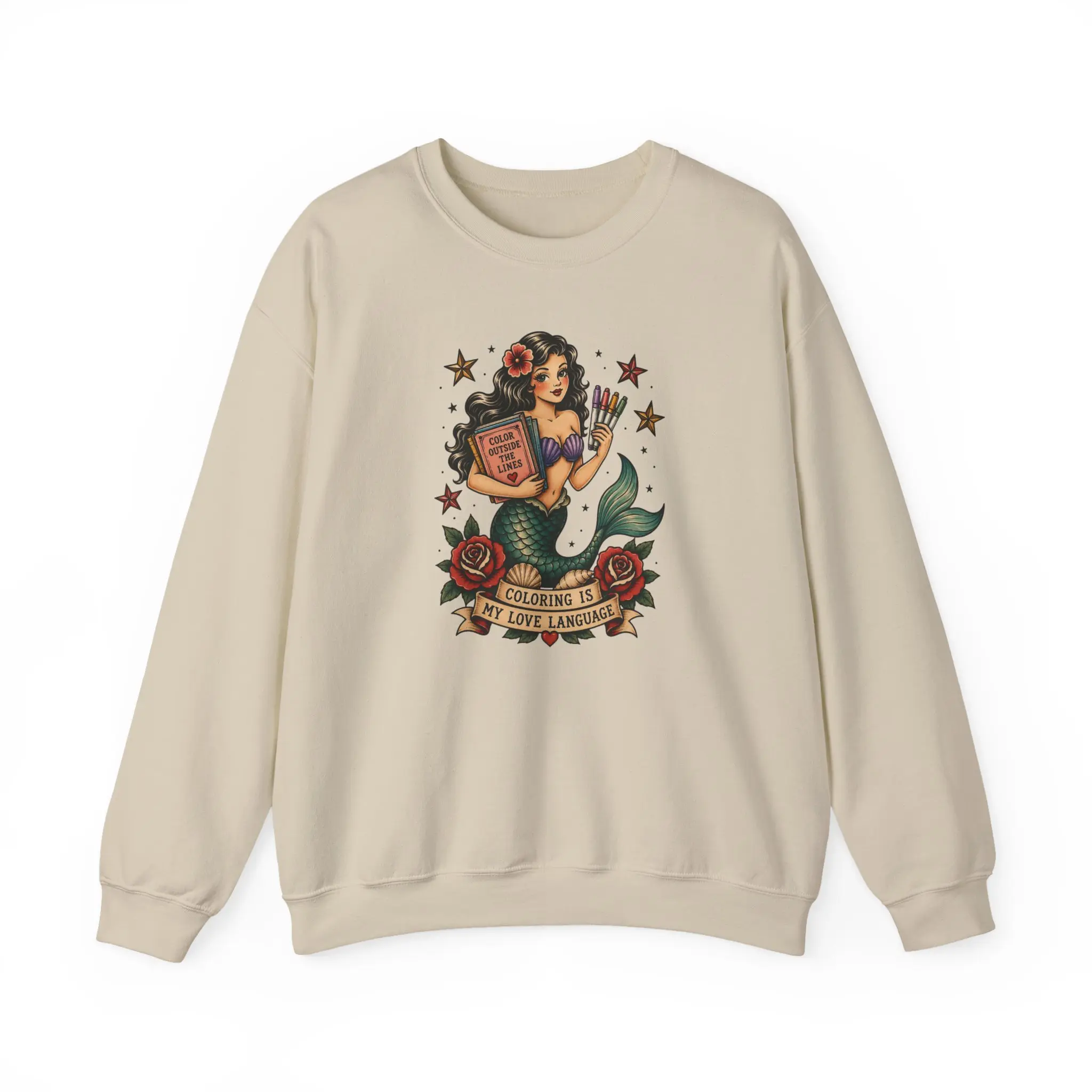 Coloring Is My Love Language Crewneck Sweatshirt | Adult Coloring Shirt | Vintage Mermaid Tattoo Colorist Sweatshirt | Marker Lover Gift