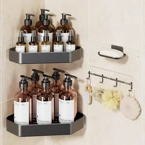 Aluminum corner shower shelf 4-piece set, never rusts, no-drill adhesive shelf, stainless steel shelf with soap holder, large-capacity bathroom storage rack, wall-mounted kitchen and home decor item