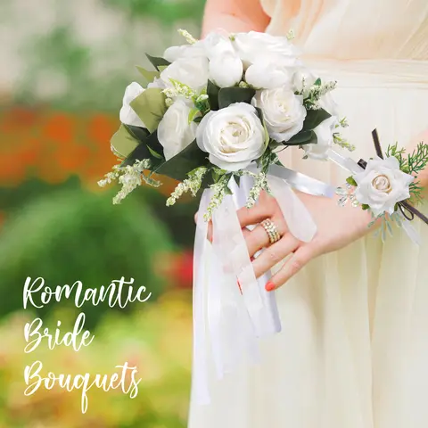 Wedding Bouquets Set of 3 for Bride Bridesmaid, White Champagne Roses Flowers for Bride Bridesmaid Wedding Bouquets, Bride Gifts, Home Decoration and Valentine's Day