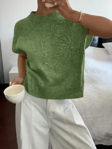 Spring Summer Women's Floral Embossed Knit Vest, Round Neck Short Sleeve Top, Casual Fitted Shirt, Saint Patrick's Day Easter, Knitwear, Womenswear