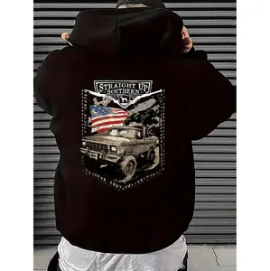 Stylish Casual Pullover Hoodie Featuring Vintage Truck and American Flag Graphic Perfect for Autumn and Winter with Comfortable Loose Fit and Practical Front Pocket