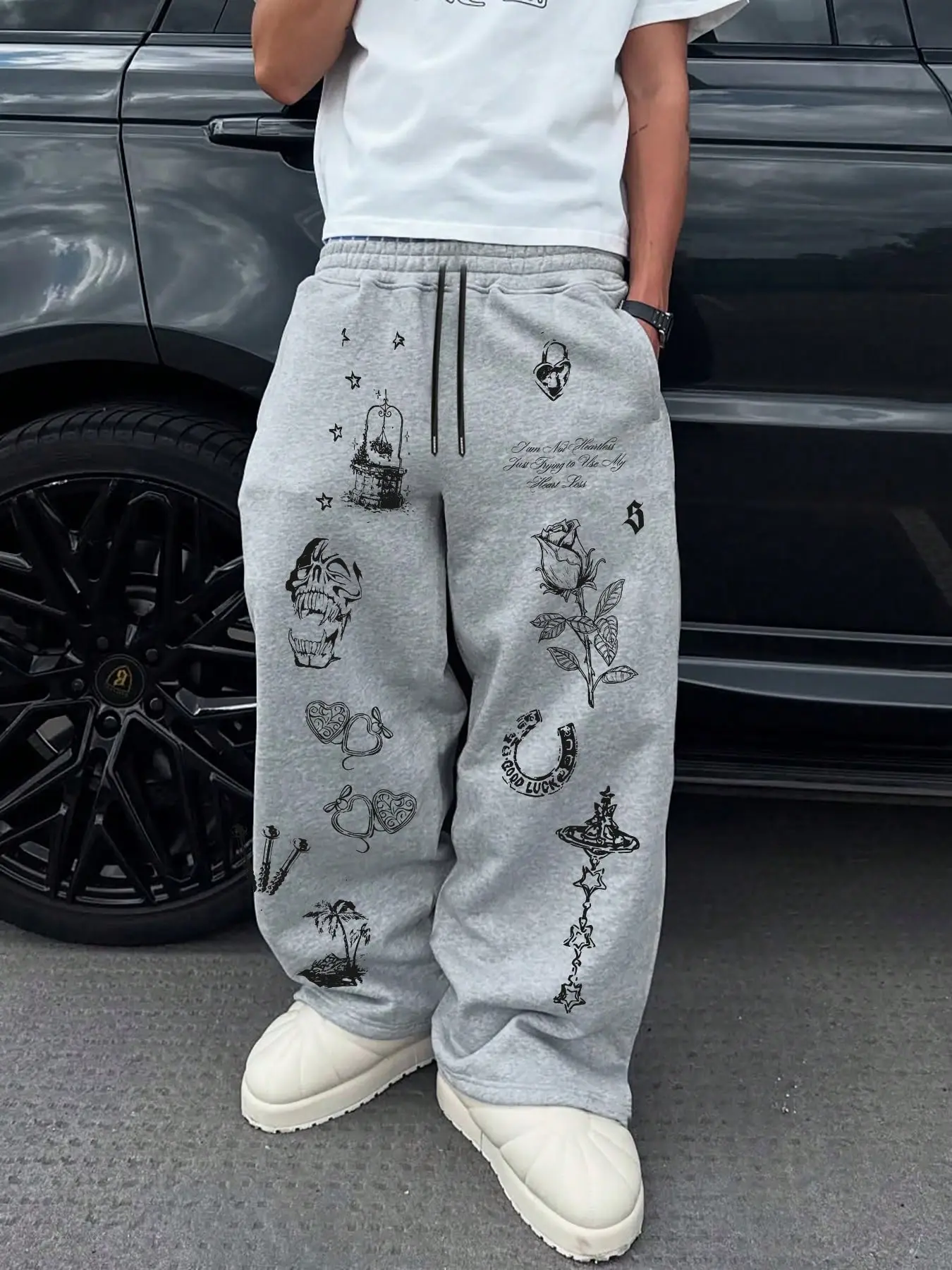 Men's Casual Sporty Long Pants, Printed Sweatpants, Casual Style Sweatpants, Athleisure Bottoms, Skull & Clown Pattern Print, Drawstring Wide Leg, All Seasons Loose Fit, Men's Fashion Clothing
