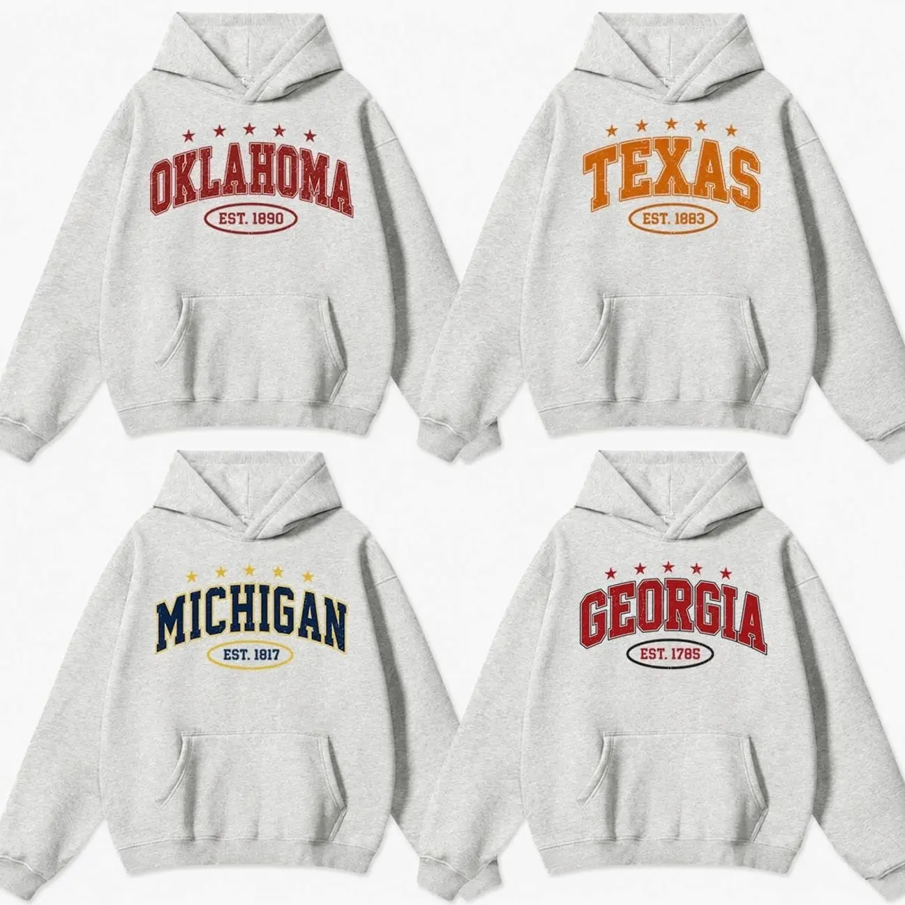 Vintage Varsity College Hoodie, Ash Grey Distressed State Name Graphic Crewneck, Classic Athletic Unisex Sweatshirt for Men Women, Birthday Gift for College Fans