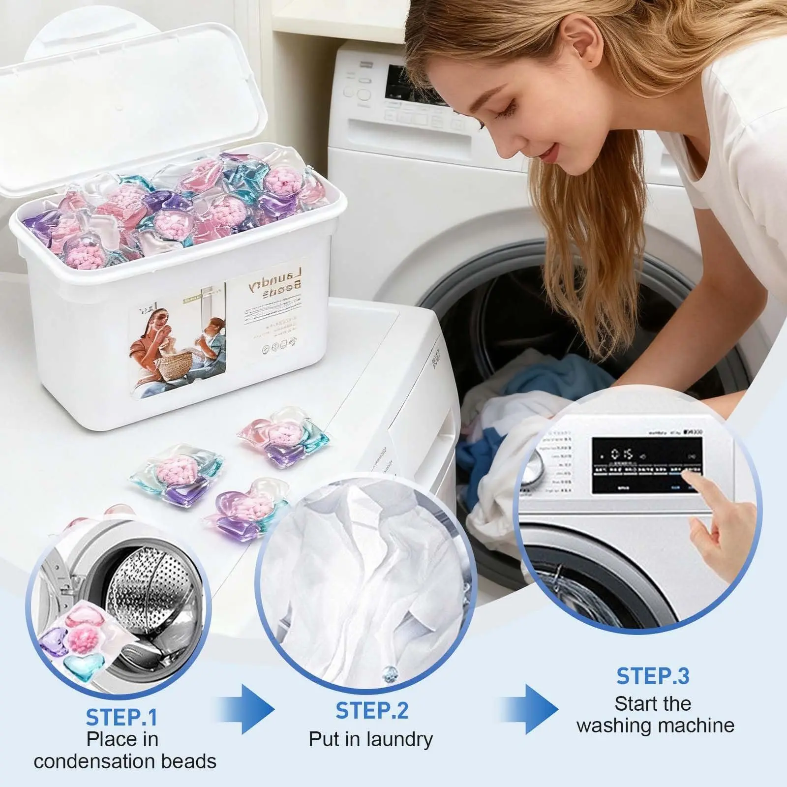 5 in 1 Laundry Beads, Powerful Laundry Detergent Beads with Scent Boosters, Perfect for Stain Removal and Fabric Softening, Keeps Clothes Fresh and Fragrant (50)