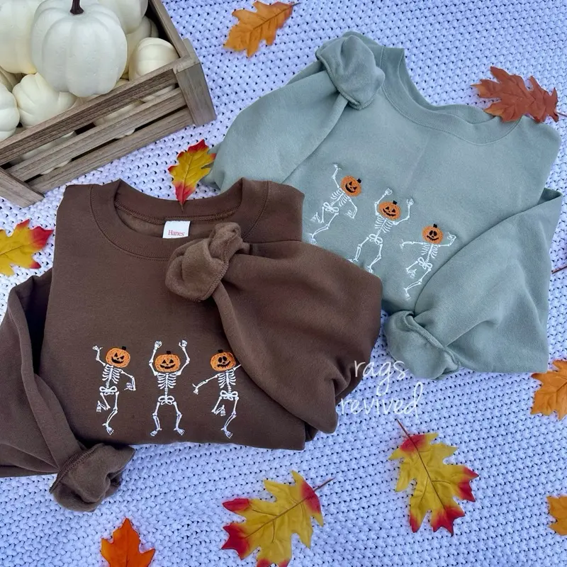 Dancing Skeletons Embroidered Lightweight Halloween Crewneck Sweatshirt Pumpkin Unisex Fall Autumn Pullover
