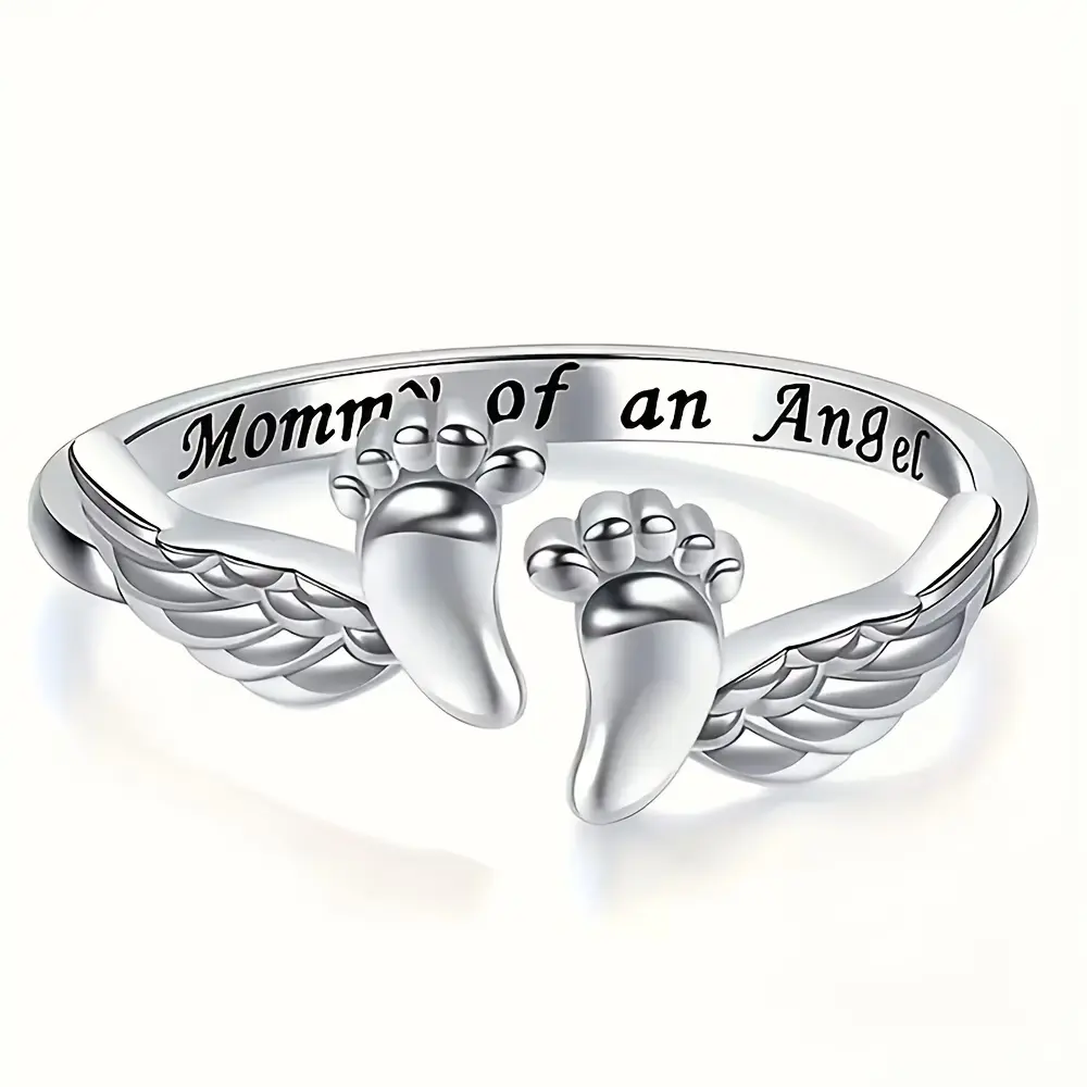 Women Adjustable Open Band Ring, Double Footprint with Angel Wing Design Finger Ring, Inner Engraved Text Silvery Tone Statement Jewelry Gift for Mom Mother'S Day Birthday Daily Party Wear