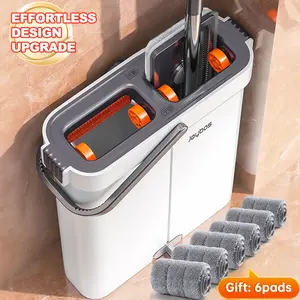 Mop and Bucket with Wringer Set, Flat Floor Mop and Bucket, with Long Handle and 6 Microfiber Reuseable Pads, Wet and Dry Use for Household Cleaning and Floor Cleaning Home Cleaner