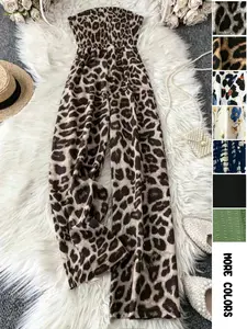 Women's Leopard Print Shirred Wide Leg Jumpsuit, Casual Sleeveless Tube Jumpsuit for Vacation Holiday, Ladies Clothes for All Seasons