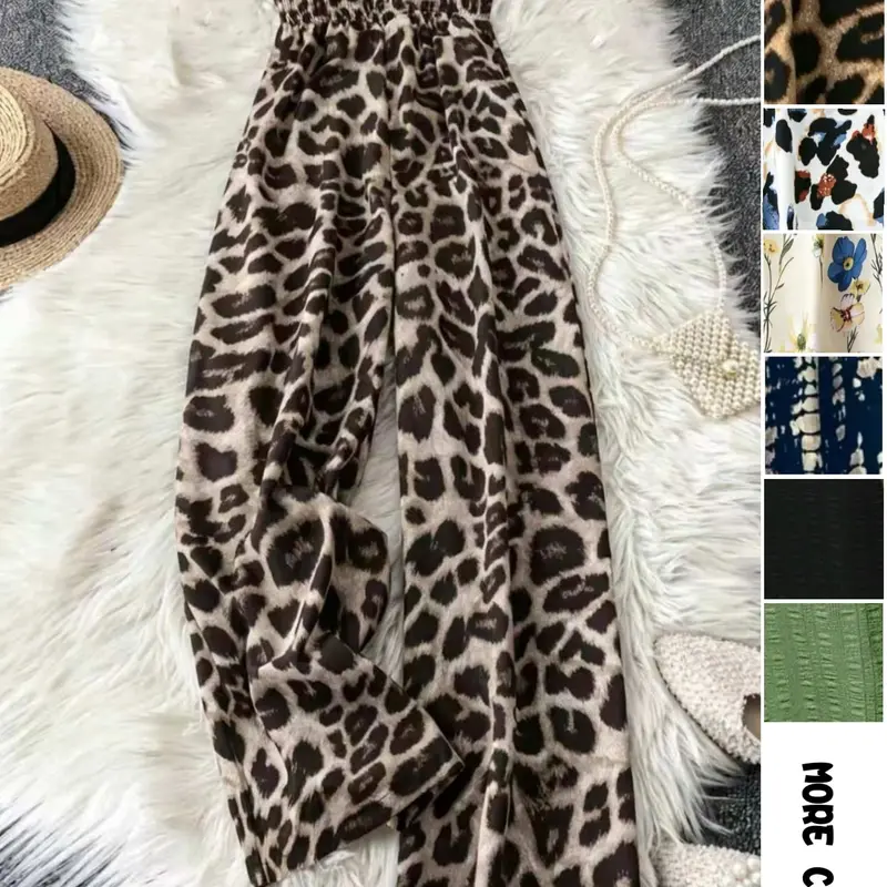 Women's Leopard Print Shirred High Waist Wide Leg Jumpsuit, Casual Sleeveless Tube Jumpsuit for Vacation Holiday, Party Club Jumpsuit, Ladies Clothes for All Seasons