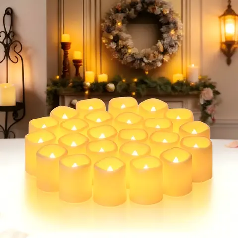 24-Pack Bulk Flameless Votive LED Lights - Polypropylene, Realistic Flashing Flame, 200+ Hours Lighting, Bright Soft White Glow, Worry-Free Decor, Festive Decorations, Romantic Festive Decorations, Ideal for Weddings & Parties, Indoor Use