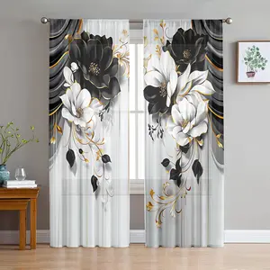 2D Flat 2Pcs floral print curtains, elegant pole hung semi blackout, transparent window drapes, perfect for living room, bedroom, home decor, modern aesthetic