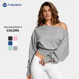 Fisoew Women's Off-the-Shoulder Athletic Top - Cinched Waist, Oversized Long Sleeve, Cropped, Breathable Athleisure Activewear, Trending Clothes for Women,sohochic