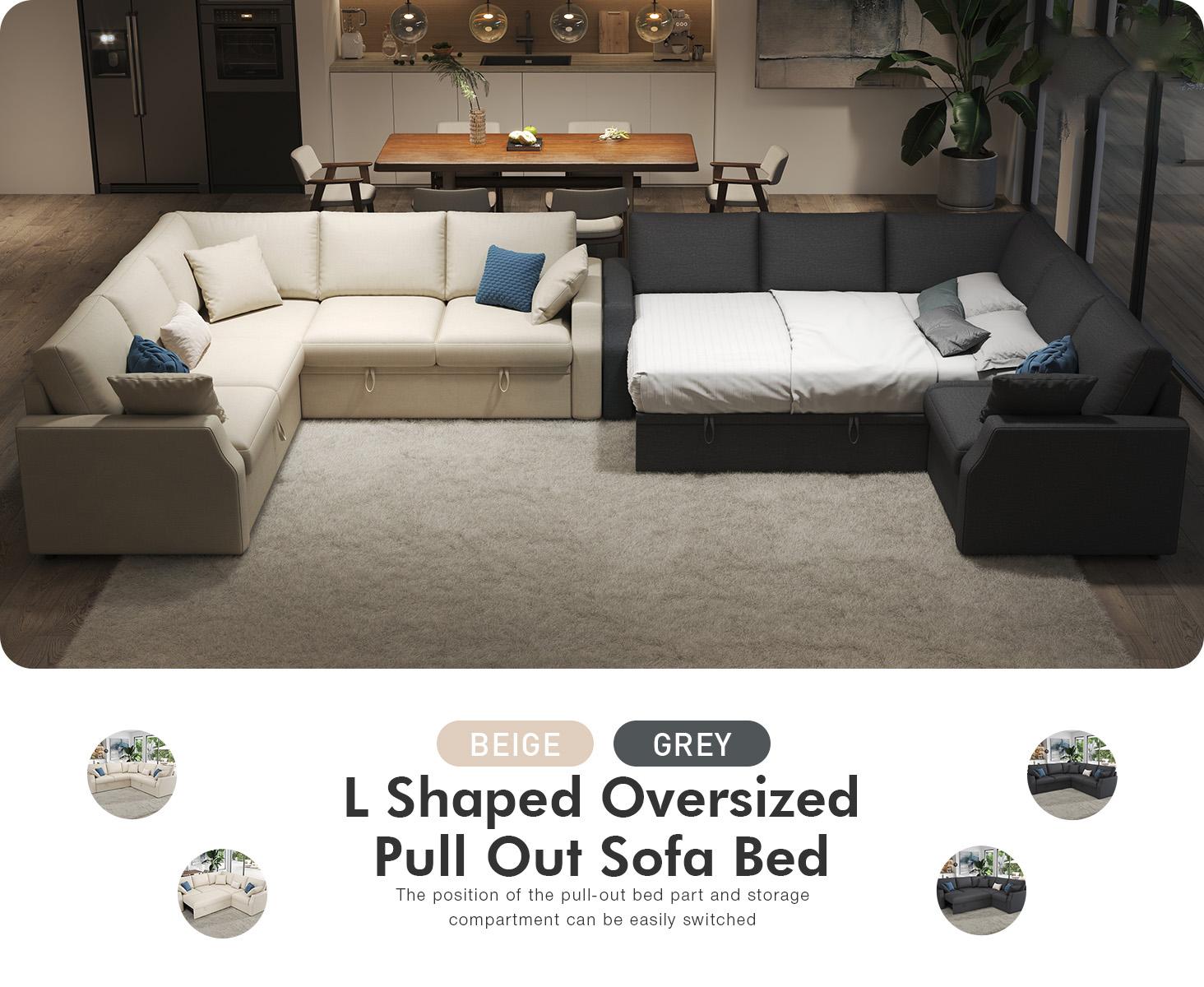 【Ships in 2 Boxes】AMERLIFE Sleeper Sofa Couch, 85'' L Shaped Design Pull Out Sofa with Storage Seater, Modern Sectional  Sofa for Living Room,  Apartment