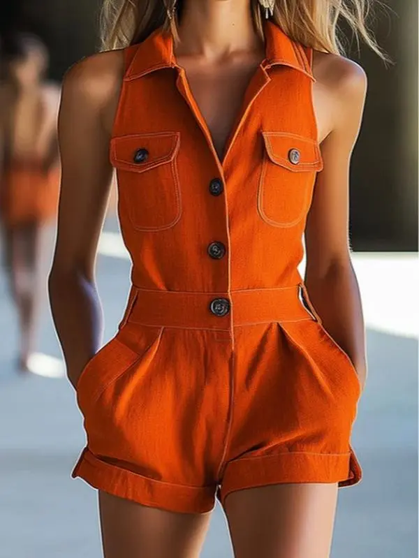 Women’s summer energetic orange washed denim sleeveless jumpsuit, shirt-style front with collar, workwear pockets, rolled hem, cropped length, high-waisted with a cinched waist, two pockets, single-row button closure, casual one-piece jumpsuit Overalls