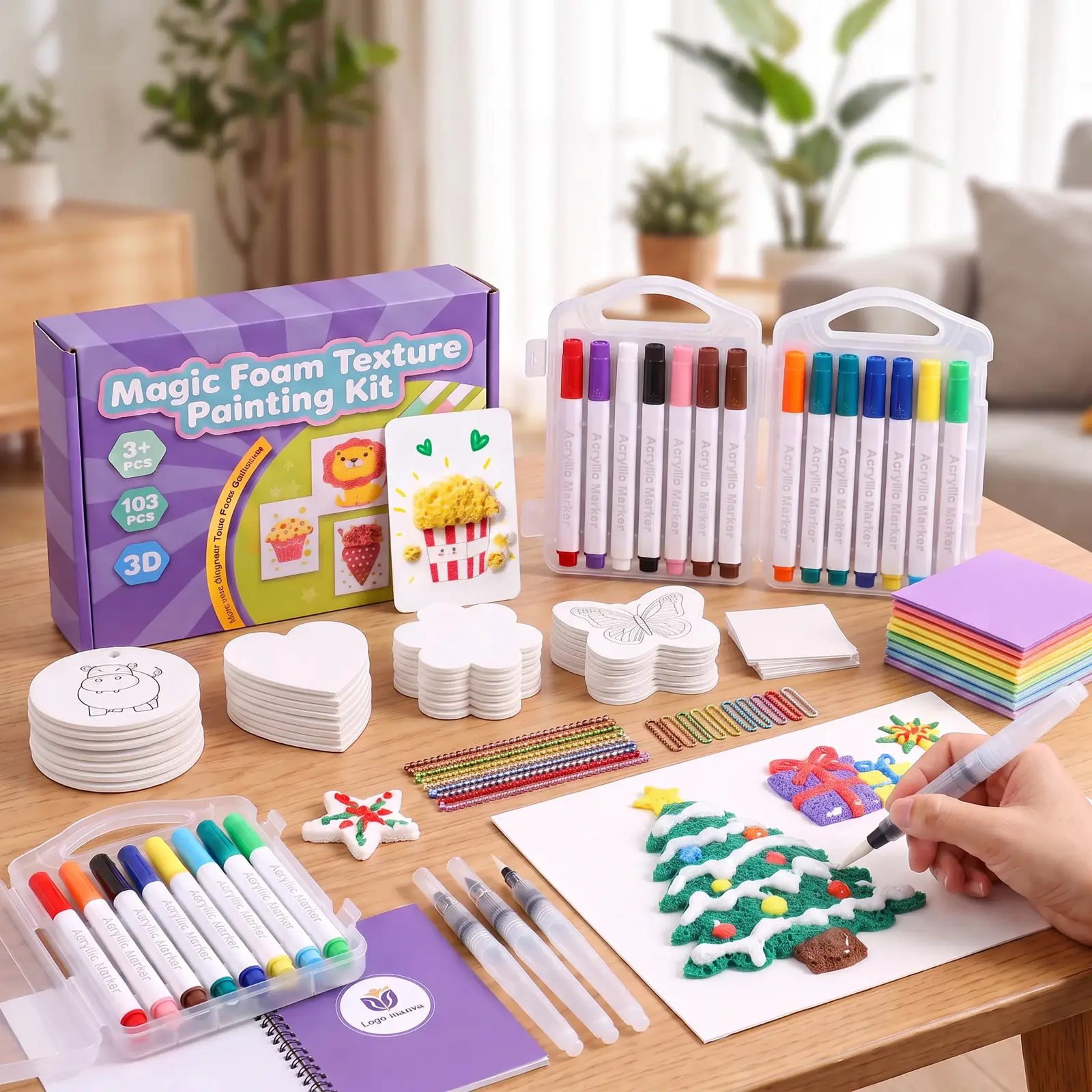 103 Pcs Magic Foam Texture Painting Kit, Mess-Free Craft Kit for Kids Ages 3+, Including Foam Texture Sheets,  Acrylic Paint Markers,  Water Brush Pens &  Beaded Chains, 3D Puffy Art, Halloween & Christmas Gifts, #Black Friday