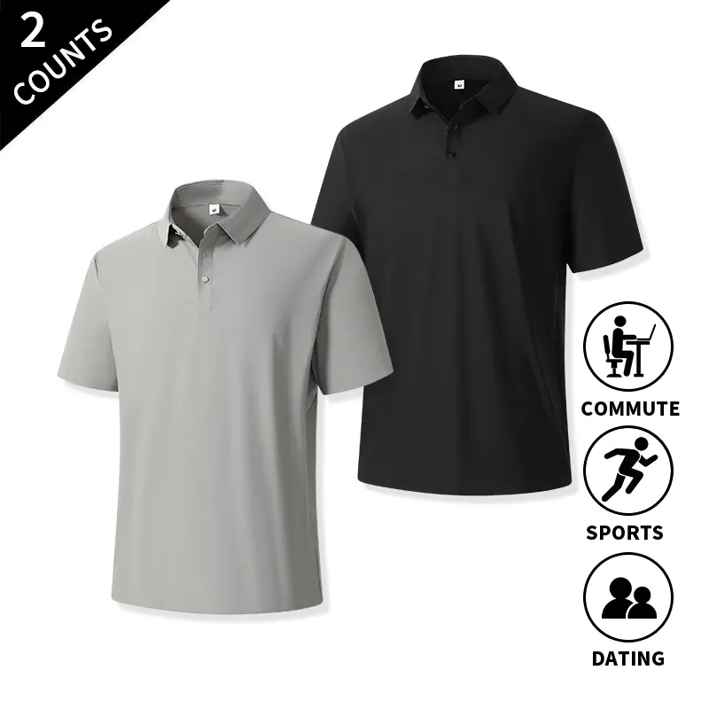 Summer Vibes 2-Pack Men’s Short Sleeve Buttoned Polo Shirts, Solid, Lapel Collar, Casual Tops, Multiple Color Options for Commuting, Sports, Dating, and Everyday Wear