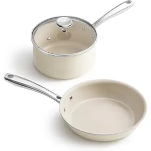 Sauce Pan & Frying Pan Set, 8" Ceramic Nonstick Fryingpan & 2.5Qt Saucepan with Lid, Mini Cookware Set, Induction Compatible,  PTFE PFOA Free, Oven & Dishwasher Safe, Beige