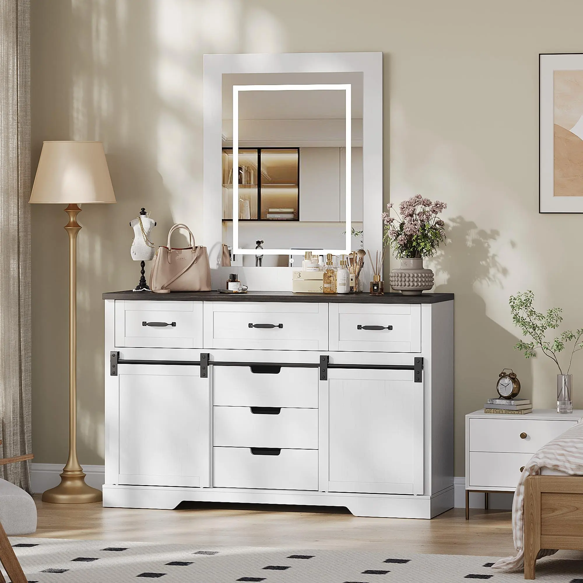 47.2 in Farmhouse Buffet Cabinet, Sideboard Cabinet with LED Mirror, White Coffee Bar with 6 Drawers for Dinning Room, Kitchen, Living Room