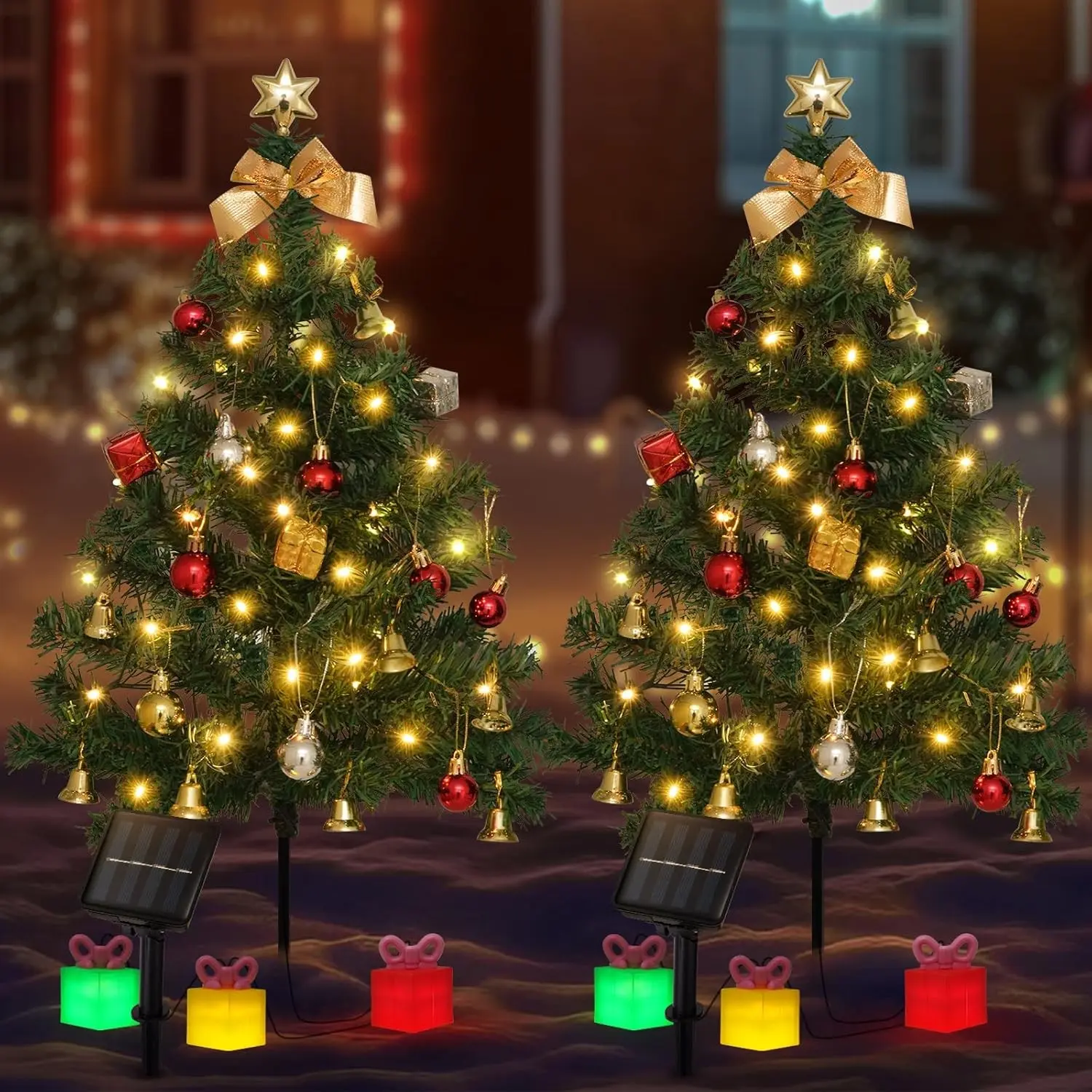 Mini Christmas Tree Solar Lights 2 Pack Outdoor Decorations Warm White Glow 30 Inch Green Tree 8 Flashing Modes Waterproof 30 LED With Ornaments and 3 Gift Boxes