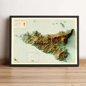 Sicily Italy Map, Sicily 2D Relief Map, Sicily Vintage Map - Unframe