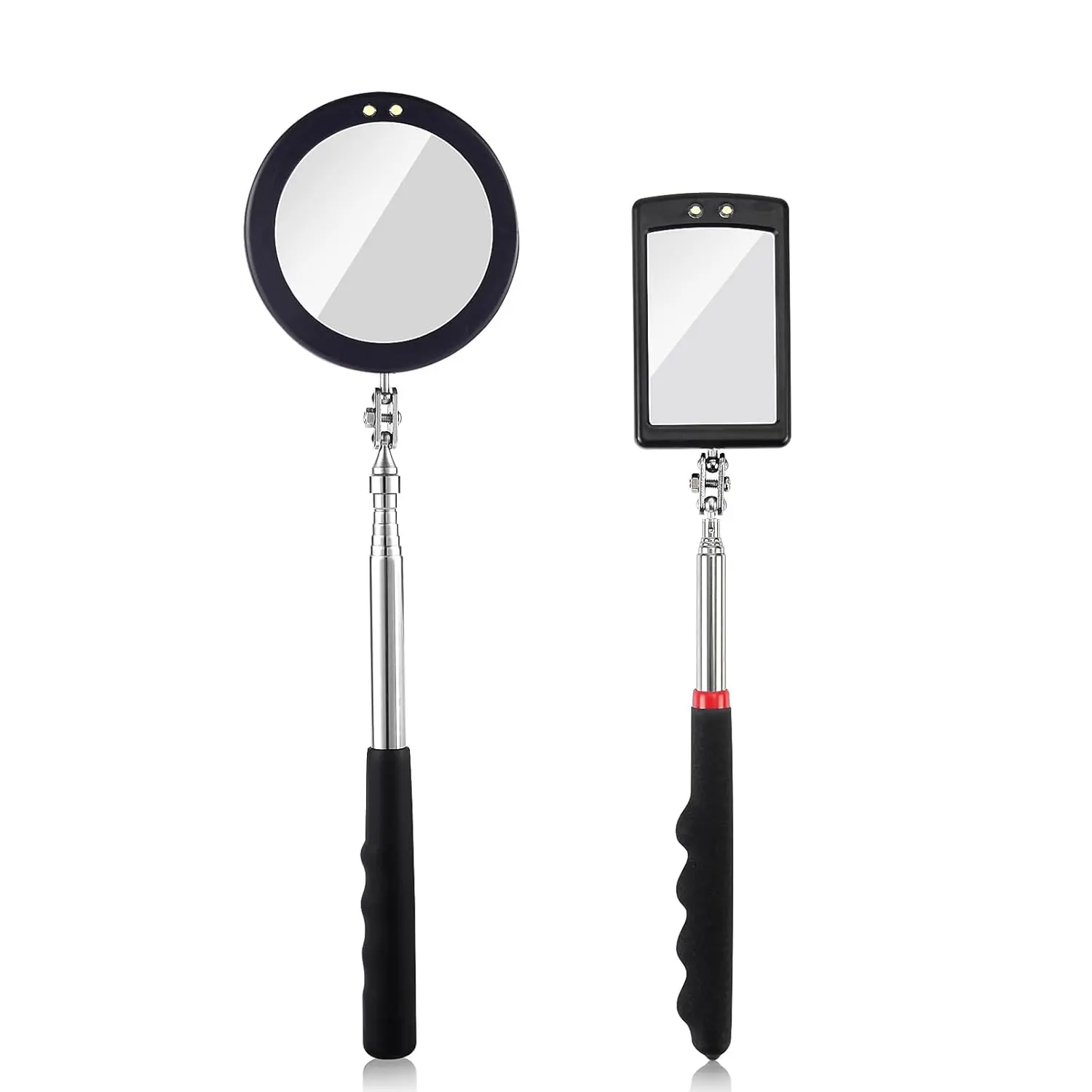 2 count Telescoping Inspection Mirror LED Light Set with Large 3.75" Round Mirror, and 3.3" Square Mirror, Flexible 360 Swivel, for Inspection Viewing, Mechanic Checking, Observation