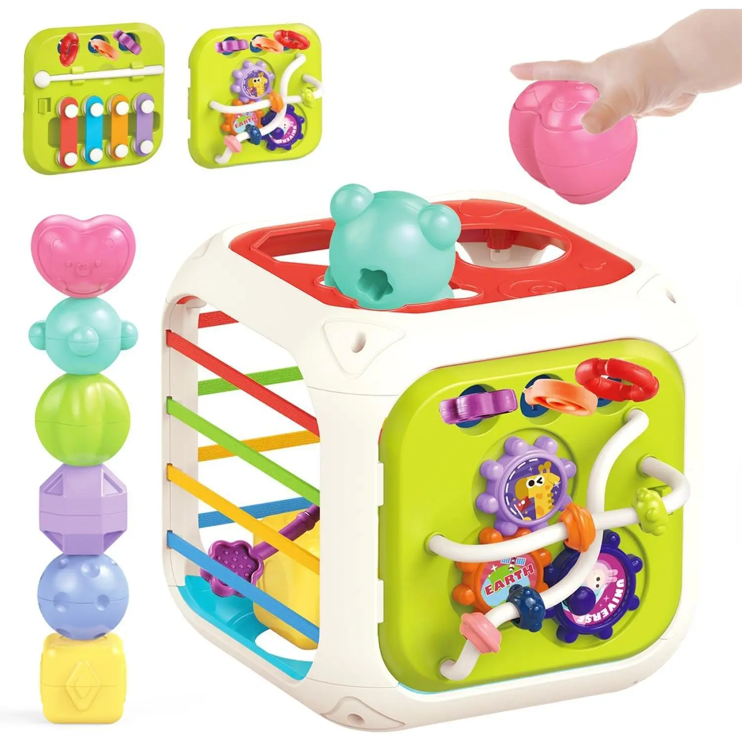 P-ITC011 7-in-1 Montessori Style Colorful Smart Toy Shape Sorter Pull String Travel Car Teething Cube for 12-Month, 1-2 Year Old Boys & Girls - Sensory Development Baby Sound Toy, Colorful Sensory Shape Sorters, Montessori Style Shape Sorters