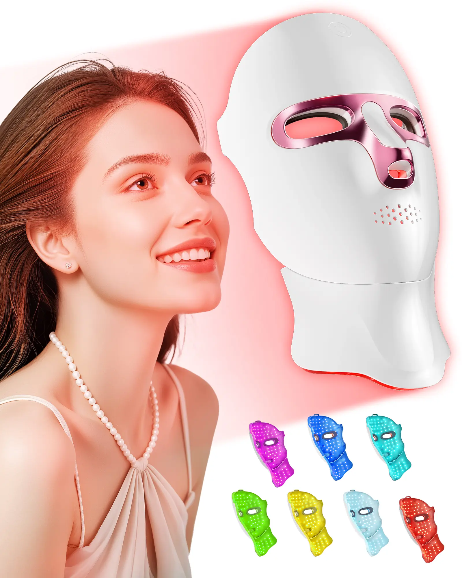 FOLOKE LED Anti-Aging Red Light Therapy Mask with Neck Piece, Cordless Facial Beauty Instrument - 120 LEDs, 8 Modes, Straps, Batteries, Red Light for Face, LED Photorejuvenation for Fine Lines, Uneven Skin Tone