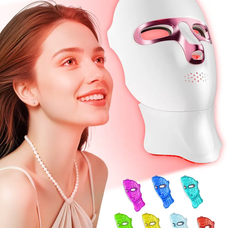 FOLOKE Plastic LED Facial Beauty Mask with Neck Piece - Cordless, 8 Adjustable Modes Red Light Therapy, 120 LED Lights, Straps, Included Batteries, Customer Support, for Adults All Skin Types, Anti-Aging, Wrinkle Reduction, Even Skin Tone