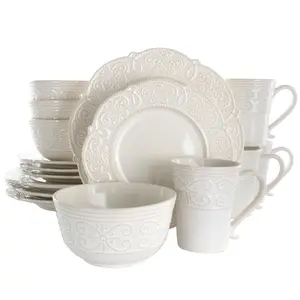 Elama EL-LUNA16 16 Piece Luna Embossed Scalloped Stoneware Dinnerware Set, White