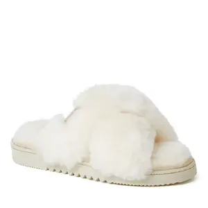 Fireside By Dearfoams Women's New Castle Genuine Shearling Cross Band Fuzzy Slide Slipper - Cream Size 9