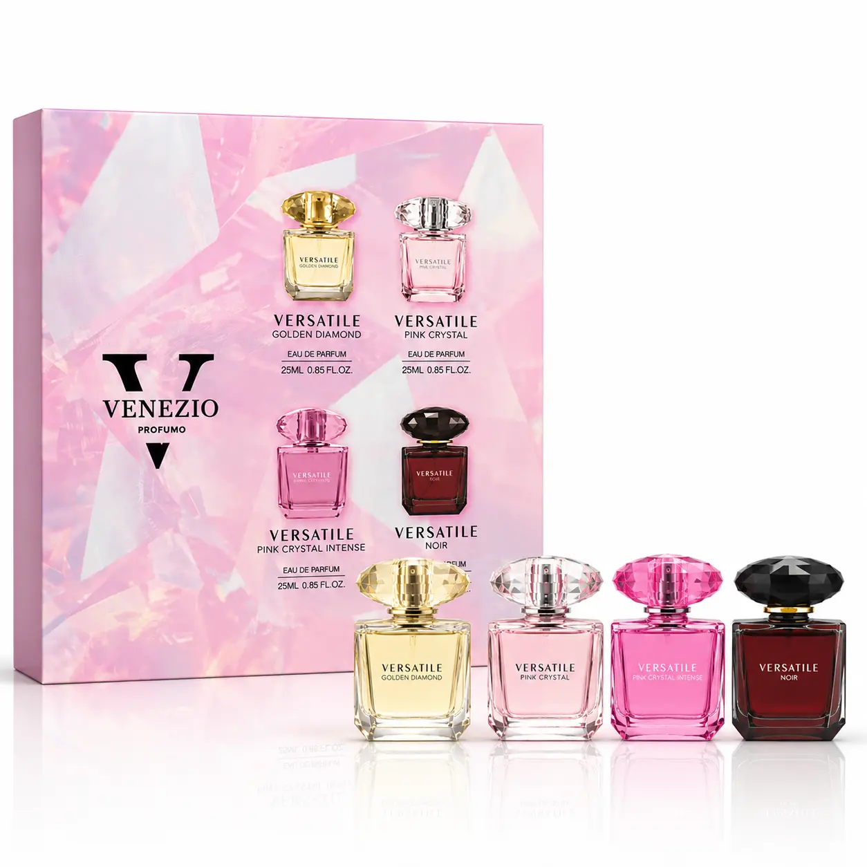 V VENEZIO PROFUMO Versatile Golden Diamond Pink Crystal Intense Noir Perfume for Women Eau de Parfum 4 x 25ml Set for Women, Sweet, Fruity, Floral fragrances for Women