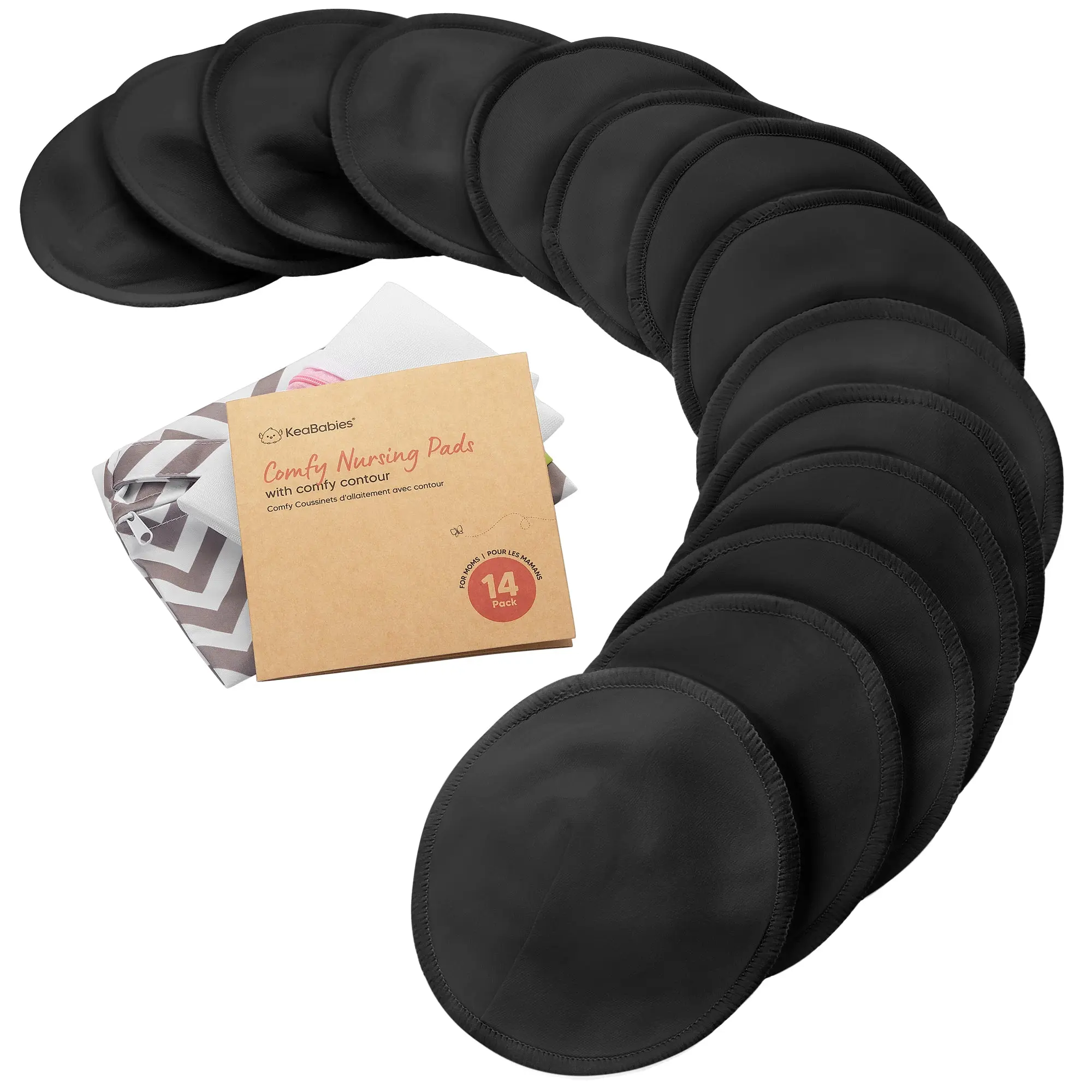 Organic Nursing Pads - 14 Washable Breast Pads for Breastfeeding, Wash Bag, Viscose Derived from Bamboo Reusable Nipple Covers for Breastfeeding Essentials, Soft & Absorbent (Midnight Black)
