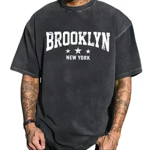 Men's Brooklyn New York Pattern T-Shirt | Vintage Washed Street Style, Loose Short Sleeve Tee, Star & District Design, Soft Breathable Fabric, Crew Neck Regular Fit, All-Season Daily Casual Wear