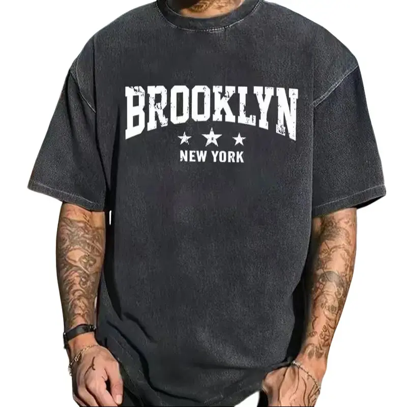 Men's Retro Brooklyn Print T-Shirt, Loose Athletic Streetwear Top in Vintage Washed Cotton, Round Neck Shortsleeve Casual Menswear, Natural, Fashion, Vibe