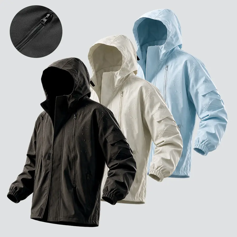 Functional hooded workwear jacket featuring a minimalist design and multiple colors; outdoor windproof, water-repellent fabric; loose, casual fit with multiple zippers; versatile for commuting; hardshell top.