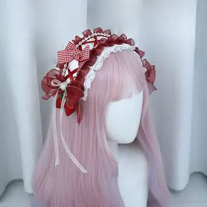 Handmade Strawberry Sorbet Bow Headband Cute Kawaii Hair Accessory with Lace and Fabric for Women Girls