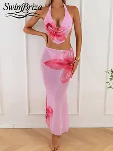 Briza｜Halter Mesh Two-Piece Pink Floral Bikini Sets With Sheer Maxi Skirt Made For Vacation Swimwear For Women, A Swimsuits 2 Piece Look And Two-Piece Swimsuit With Swimsuit Cover Up For Women, Plus Bathing Suit Cover Ups For Resort Glow