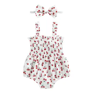 Infant Baby Girl Summer Outfit Sleeveless Halter Romper Cherry Carrot Print Smocked Cotton Linen Bodysuit with Headband #Springtok