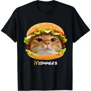 Funny Cat Burger T-Shirt, Cute Fast Food Kitten Graphic Tee, Novelty McDonald's Cat Shirt for Cat Lovers, Funny Animal Burger Top