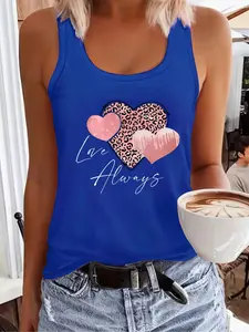 Women's Leopard Heart & Letter Print Sports Tank Top, Casual Sleeveless Round Neck Top for Yoga Gym Workout, Ladies Sportswear for All Seasons, Womenswear