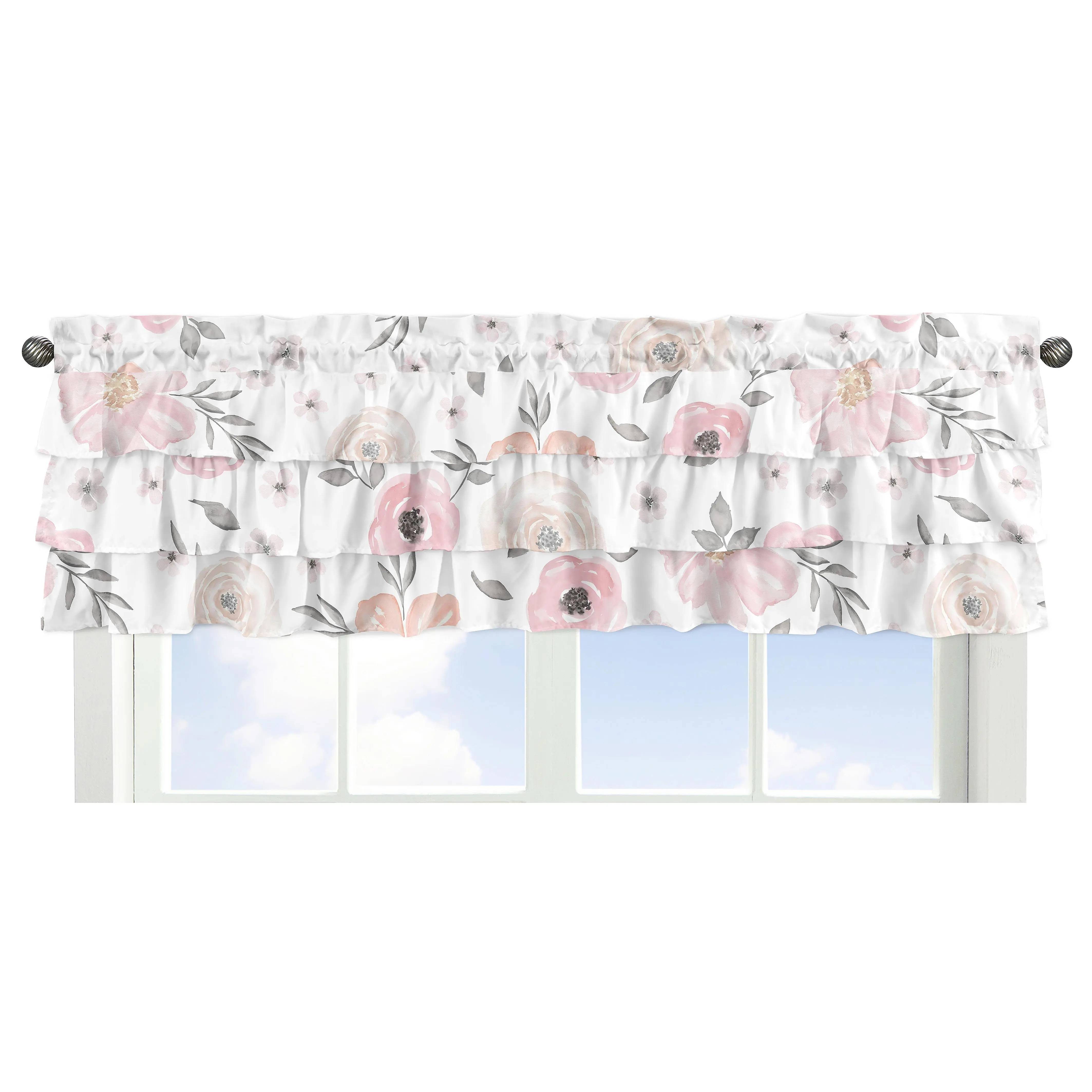 Sweet Jojo Designs Window Valances (Pink/Grey Boho Floral) for Girls, Kids, Baby/Nursery Room, Kitchen, Bathroom, Bedroom, Treatment Valance Curtain (Tiered, Ruffled, Watercolor, Flower, Elegant Rose)