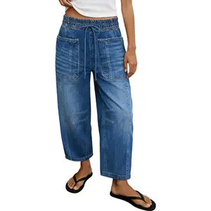 Flamingals Drawstring Patched Pocket High Waist Barrel Leg Jeans Womenswear Stretchy 25.2" Inseam