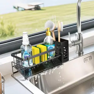 Kitchen Sink Sponge Holder with Automatic Drainage Tray - Detachable Towel Rack, Countertop Organizer for Dish Brushes/Soap Bottles, Bathroom Compatible Practical Christmas Gift