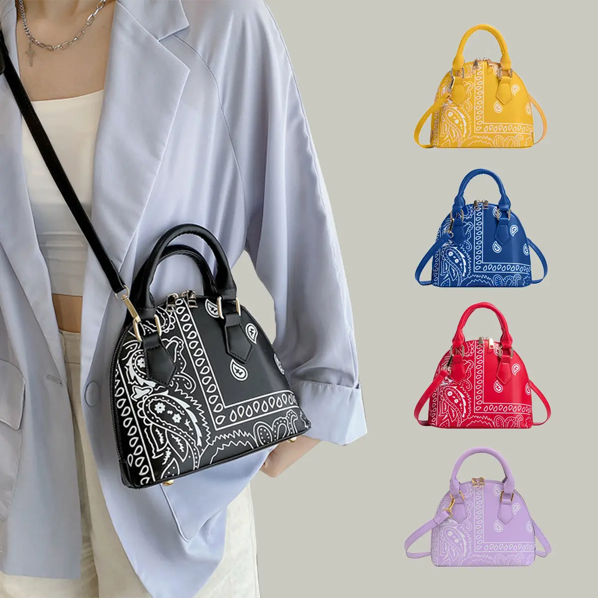 Bandanna Floral Pattern Shoulder Bag for Women Scallop Shape Crossbody Trendy Tote for Beach Travel Daily Use, fashion essential, trendy design, daily essentials, everyday carry, must have accessory, trendy style
