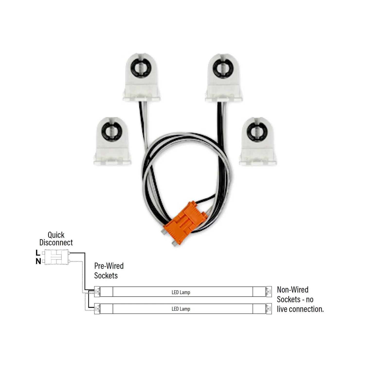 Wiring Harness for Single-End, Non-Shunted Tombstones, T8/T12 Socket Wiring Harness for Single-End, Non-Shunted Tombstones, T8/T12 Socket