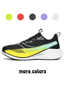 Unisex Black-Yellow-Cyan Gradient Mesh Running Shoes, Platform Non-slip Wear-resistant Professional Racing Sneakers