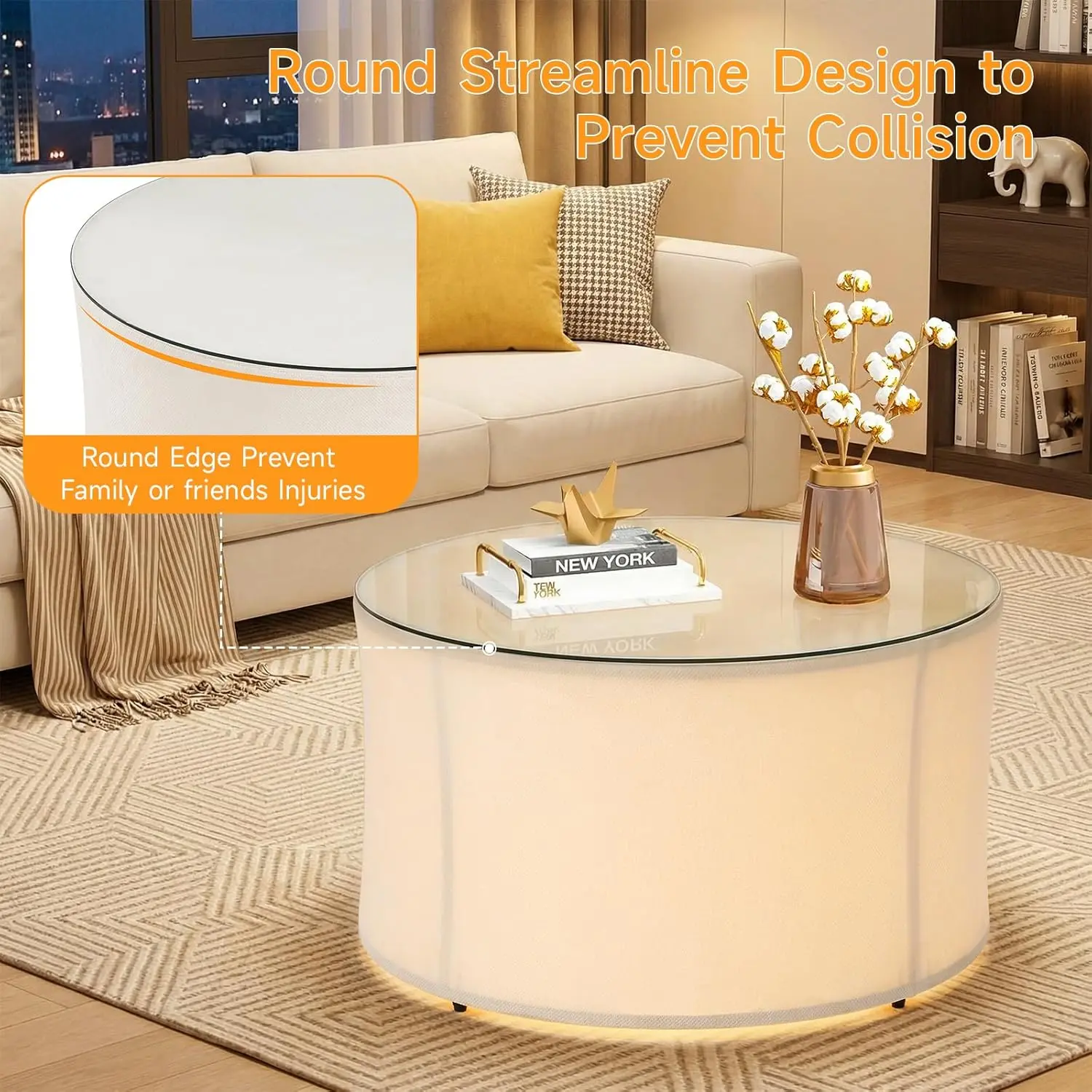 ONBRILL Led Round Coffee Table, 29" Center Table with Light, Adjustable Brightness Color Modern Coffee Table, Easy Assembly, Beige Circle Glass Cloth Coffee Table for Living Room Small Space