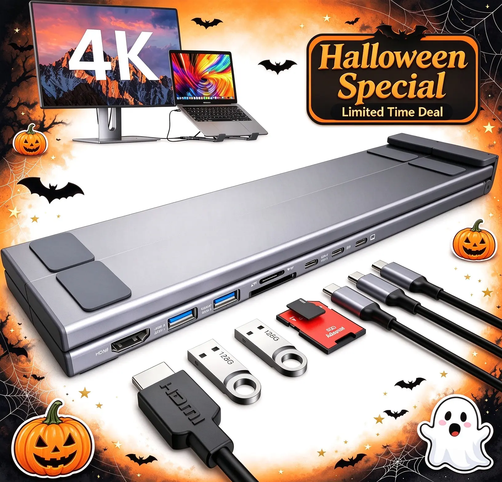 Redbeat S1 All In One Laptop Stand USB C Hub Docking Station, Foldable Adjustable Aluminum Notebook Stand with 4K@30Hz HDMI, USB3.0, SD/TF Card Reader, 100W Power Delivery, Multiport Adapter for Windows Mac Chrome OS Laptop, Docking Hub