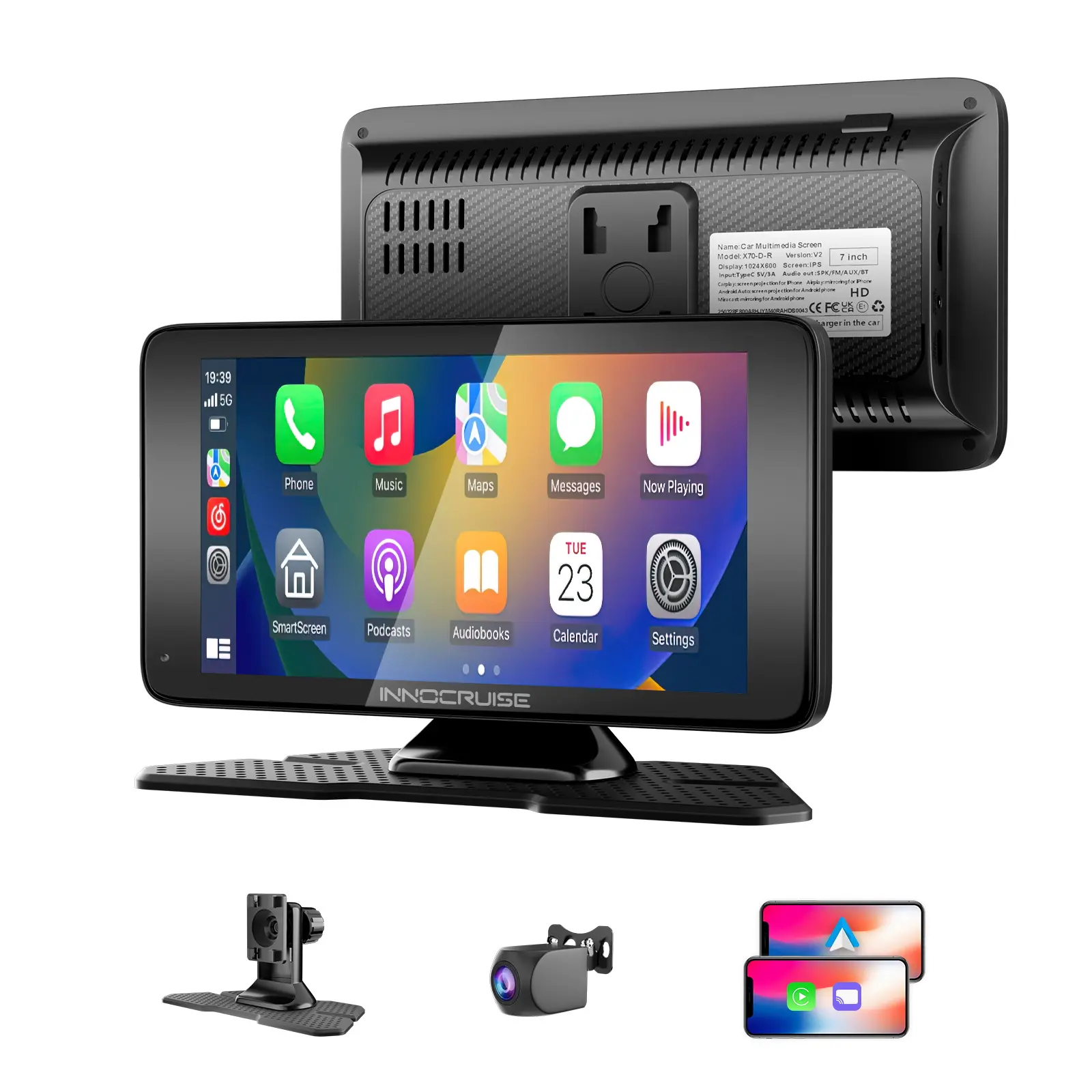 Innocruise 7" Wireless Carplay and Android Auto with 2.5K Dash Cam, 1080P Backup Camera, Portable Touchscreen GPS Navigation for Car, Car Stereo Receiver with Bluetooth,AirPlay,AUX,FM,Googel,Siri Wireless Carplay Car Audio System
